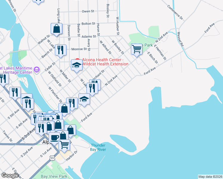 map of restaurants, bars, coffee shops, grocery stores, and more near 122 East Hamilton Street in Alpena