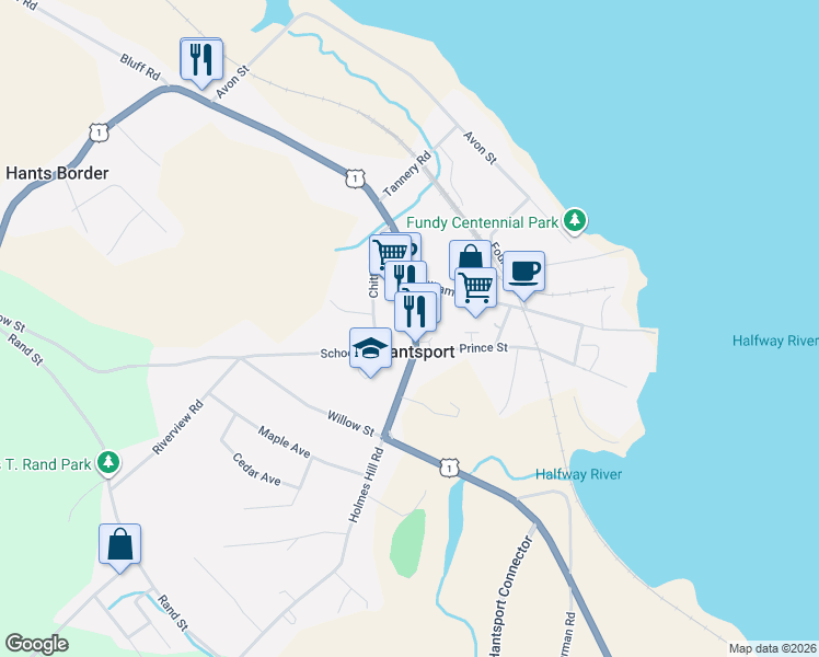 map of restaurants, bars, coffee shops, grocery stores, and more near 33 Main Street in Hantsport