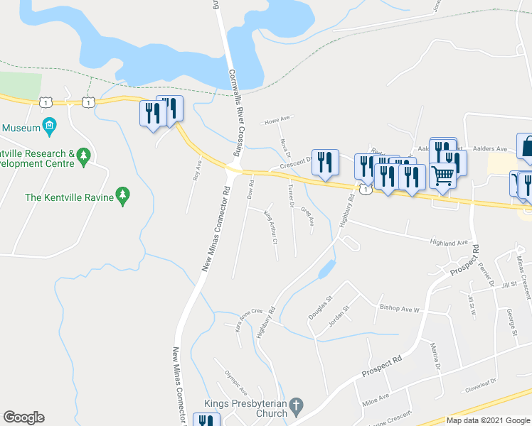 map of restaurants, bars, coffee shops, grocery stores, and more near 32 King Arthur Court in New Minas