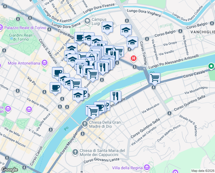 map of restaurants, bars, coffee shops, grocery stores, and more near Murazzi del Po Ferdinando Buscaglione in Torino
