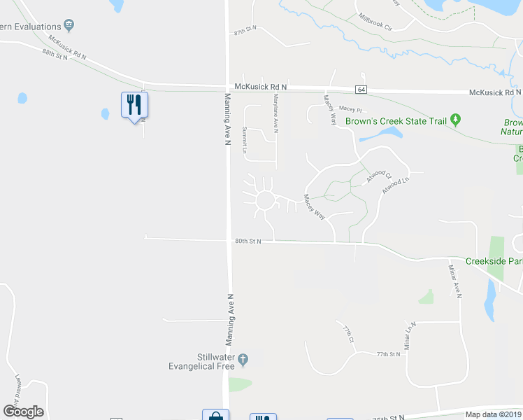 map of restaurants, bars, coffee shops, grocery stores, and more near 3823 Abercrombie Circle in Stillwater