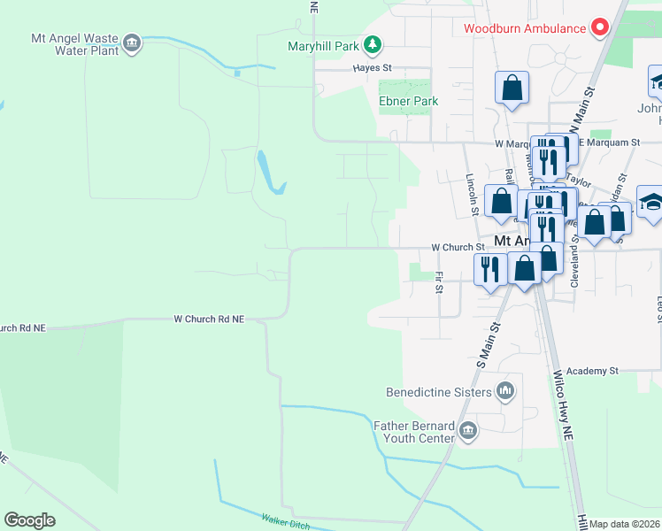 map of restaurants, bars, coffee shops, grocery stores, and more near 12324 West Church Road Northeast in Mount Angel