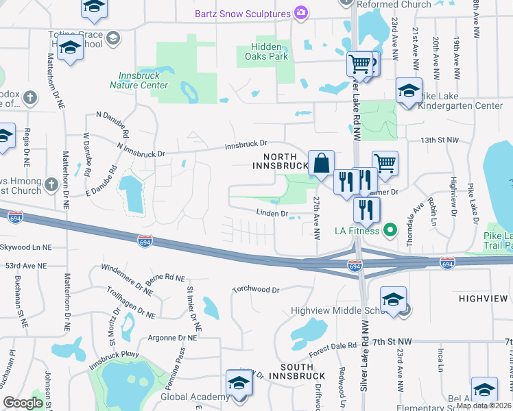 map of restaurants, bars, coffee shops, grocery stores, and more near 3061 Bent Tree Hills Drive in New Brighton