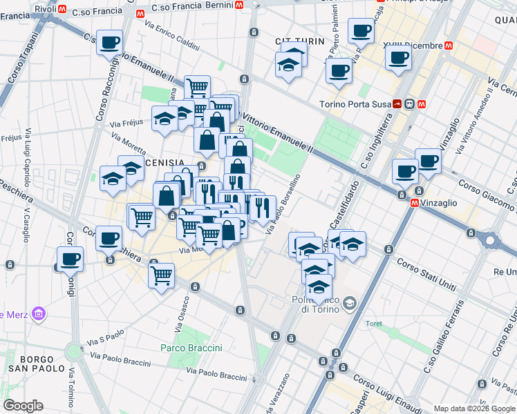 map of restaurants, bars, coffee shops, grocery stores, and more near in Torino