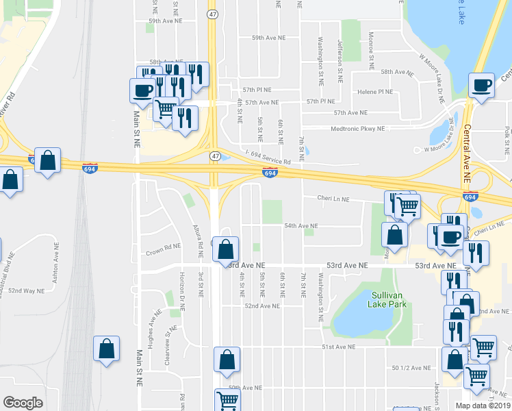 map of restaurants, bars, coffee shops, grocery stores, and more near 5436 5th Street Northeast in Fridley