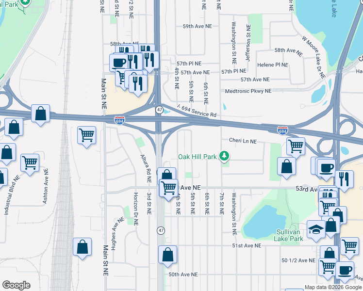 map of restaurants, bars, coffee shops, grocery stores, and more near 5436 5th Street Northeast in Fridley