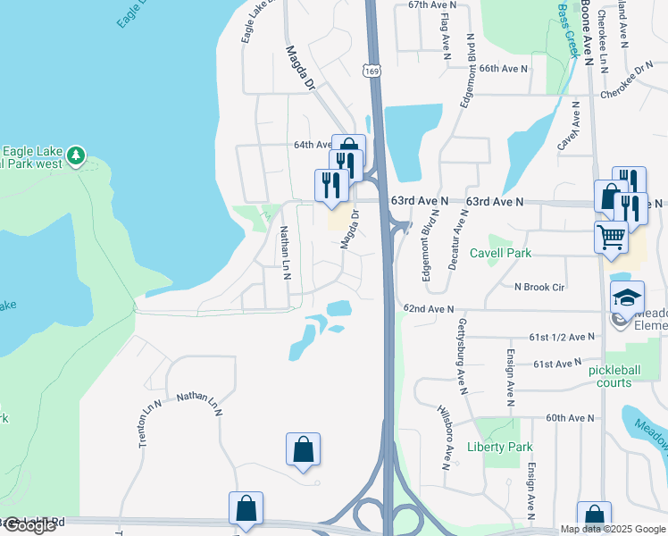 map of restaurants, bars, coffee shops, grocery stores, and more near 6253 Magda Drive in Maple Grove