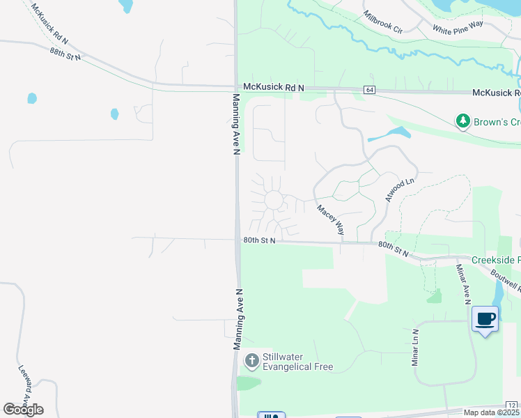 map of restaurants, bars, coffee shops, grocery stores, and more near 3768 Abercrombie Lane in Stillwater