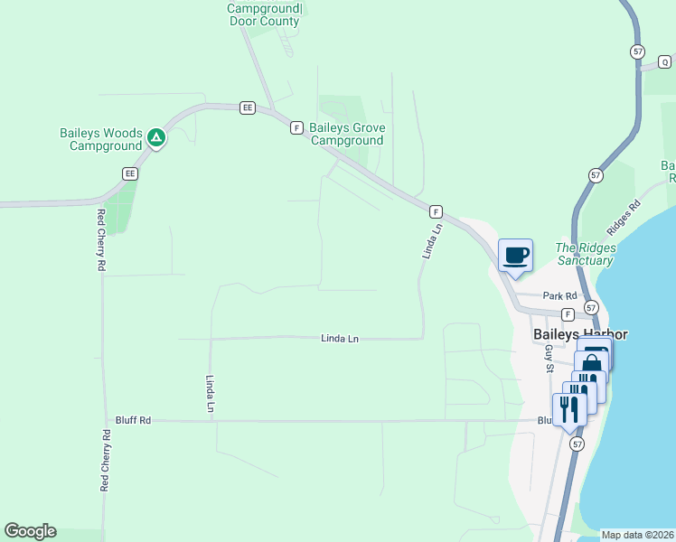 map of restaurants, bars, coffee shops, grocery stores, and more near 2575 Juniper Ridge Road in Baileys Harbor