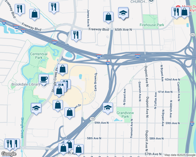 map of restaurants, bars, coffee shops, grocery stores, and more near 6120 Earle Brown Drive in Brooklyn Center