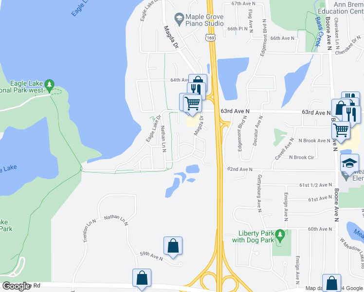 map of restaurants, bars, coffee shops, grocery stores, and more near 6241 Magda Drive in Osseo