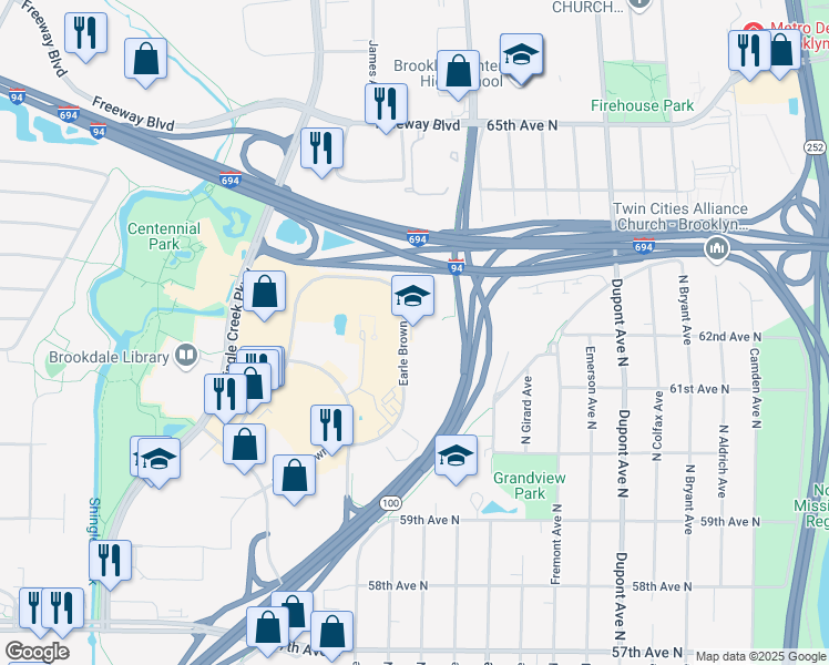 map of restaurants, bars, coffee shops, grocery stores, and more near 6120 Earle Brown Drive in Brooklyn Center
