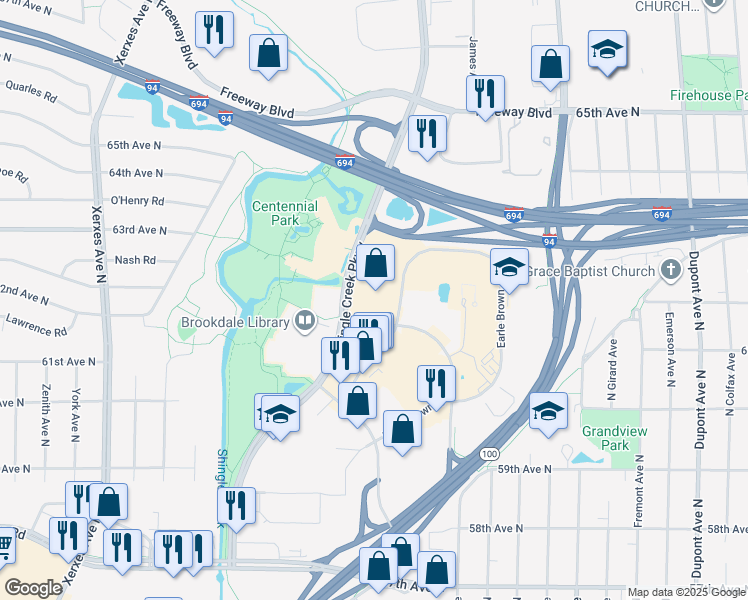 map of restaurants, bars, coffee shops, grocery stores, and more near 6200 Shingle Creek Parkway in Minneapolis