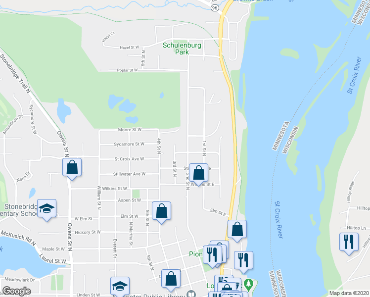 map of restaurants, bars, coffee shops, grocery stores, and more near 1302 2nd Street North in Stillwater