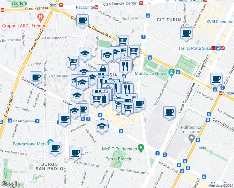 map of restaurants, bars, coffee shops, grocery stores, and more near 54 Via Dante di Nanni in Turin