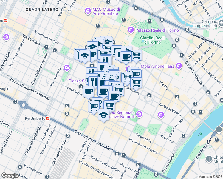 map of restaurants, bars, coffee shops, grocery stores, and more near 6c Via Giuseppe Luigi Lagrange in Torino