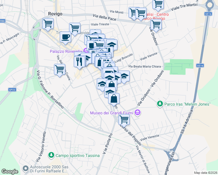 map of restaurants, bars, coffee shops, grocery stores, and more near 282 Corso del Popolo in Rovigo