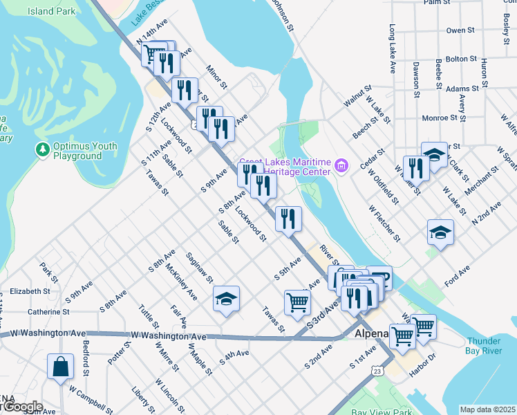 map of restaurants, bars, coffee shops, grocery stores, and more near 628 West Chisholm Street in Alpena