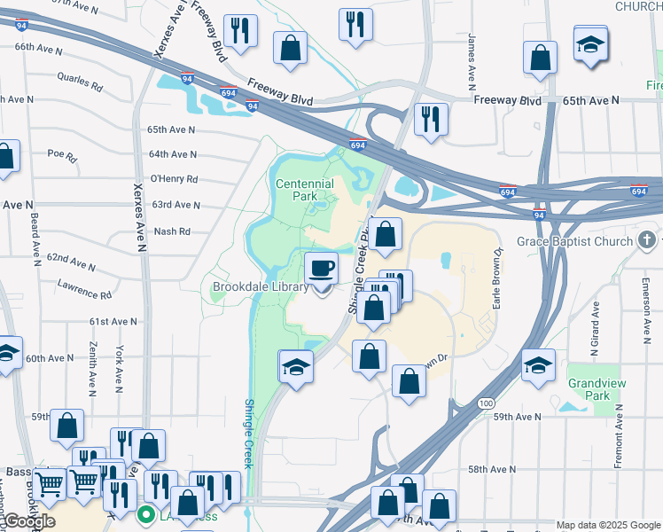 map of restaurants, bars, coffee shops, grocery stores, and more near 6221 Shingle Creek Parkway in Brooklyn Center