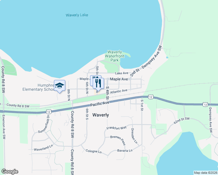map of restaurants, bars, coffee shops, grocery stores, and more near 306 Elm Avenue in Waverly
