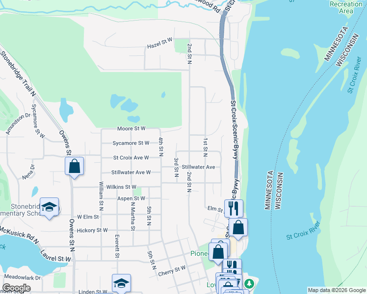 map of restaurants, bars, coffee shops, grocery stores, and more near 150 Saint Croix Avenue East in Stillwater