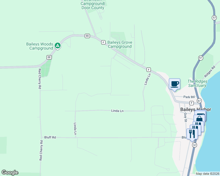 map of restaurants, bars, coffee shops, grocery stores, and more near 2547 Juniper Ridge Road in Baileys Harbor