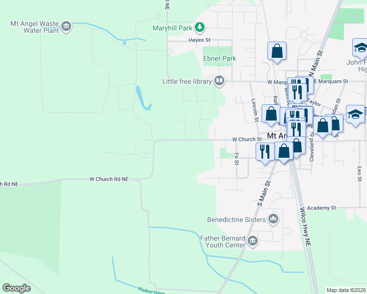 map of restaurants, bars, coffee shops, grocery stores, and more near 12354 West Church Road Northeast in Mount Angel