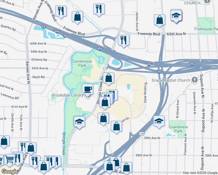 map of restaurants, bars, coffee shops, grocery stores, and more near 6200 Shingle Creek Parkway in Minneapolis
