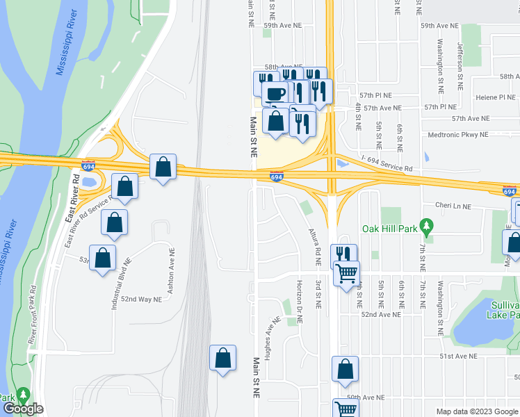 map of restaurants, bars, coffee shops, grocery stores, and more near 5475 Main Street Northeast in Minneapolis