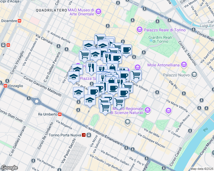 map of restaurants, bars, coffee shops, grocery stores, and more near 3C Via Vittorio Alfieri in Torino