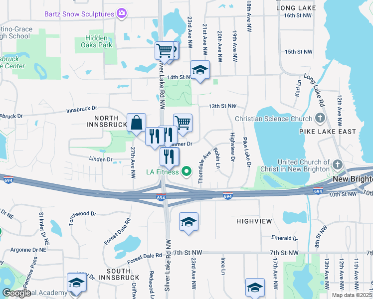 map of restaurants, bars, coffee shops, grocery stores, and more near 2350 Palmer Drive in New Brighton