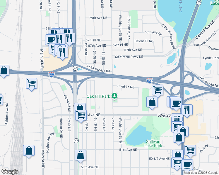 map of restaurants, bars, coffee shops, grocery stores, and more near 5460 7th Street Northeast in Fridley