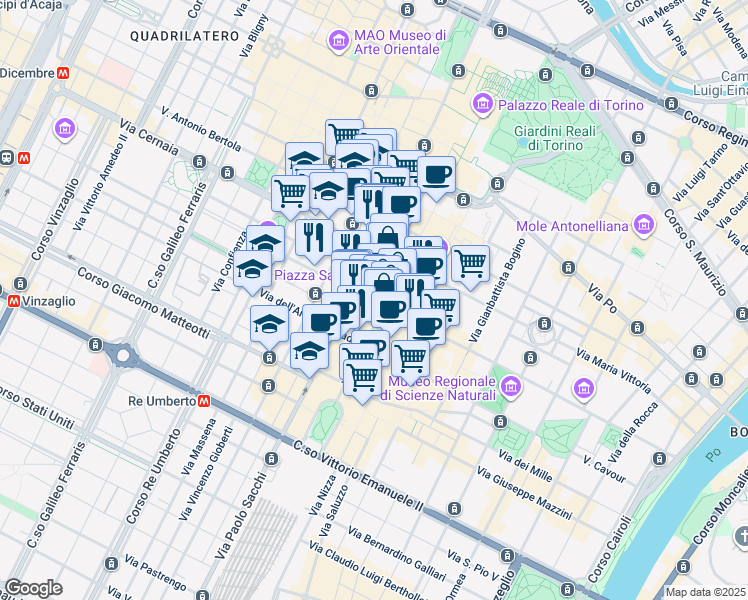map of restaurants, bars, coffee shops, grocery stores, and more near 216 Piazza San Carlo in Torino
