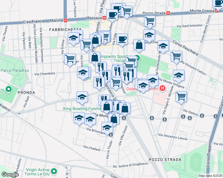 map of restaurants, bars, coffee shops, grocery stores, and more near 24 Via Mario Ponzio in Turin