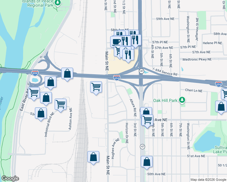 map of restaurants, bars, coffee shops, grocery stores, and more near 5470 Horizon Drive Northeast in Fridley