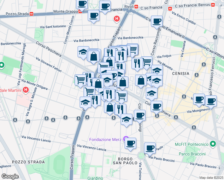 map of restaurants, bars, coffee shops, grocery stores, and more near 12 Via Fabbriche in Turin