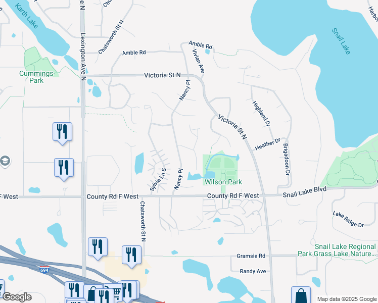 map of restaurants, bars, coffee shops, grocery stores, and more near 888 Shirlee Lane in Shoreview