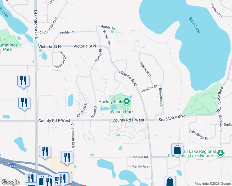 map of restaurants, bars, coffee shops, grocery stores, and more near 873 Westview Court in Shoreview