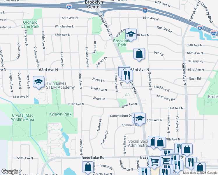 map of restaurants, bars, coffee shops, grocery stores, and more near 3900 62nd Avenue North in Minneapolis