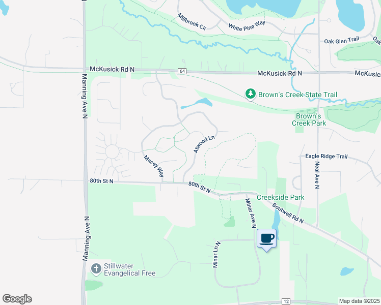 map of restaurants, bars, coffee shops, grocery stores, and more near 1154 Atwood Lane in Stillwater