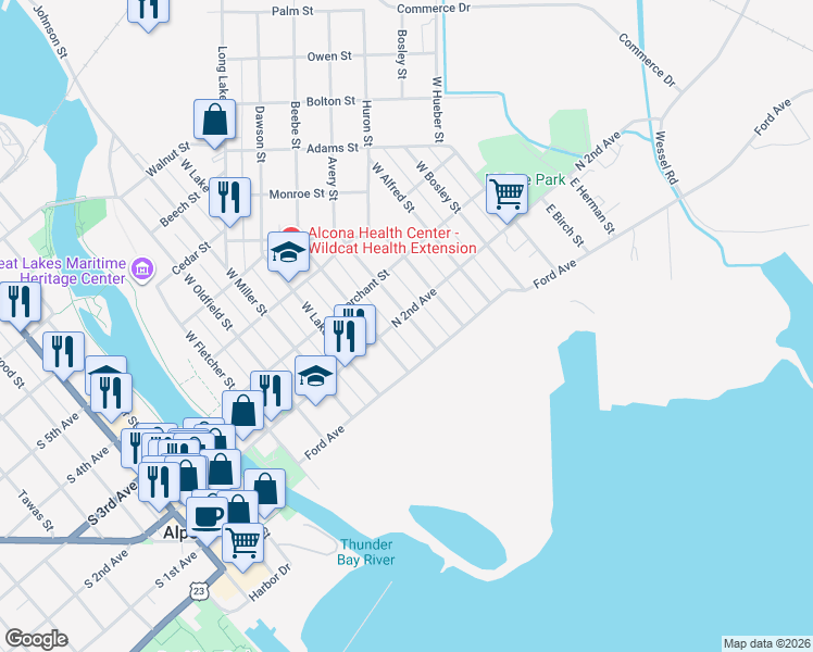 map of restaurants, bars, coffee shops, grocery stores, and more near 122 East Hamilton Street in Alpena