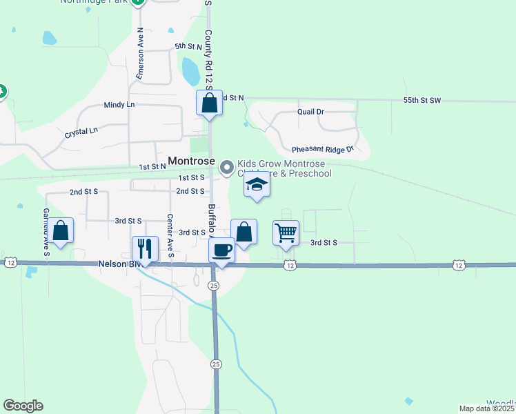 map of restaurants, bars, coffee shops, grocery stores, and more near 100 2nd Street South in Montrose