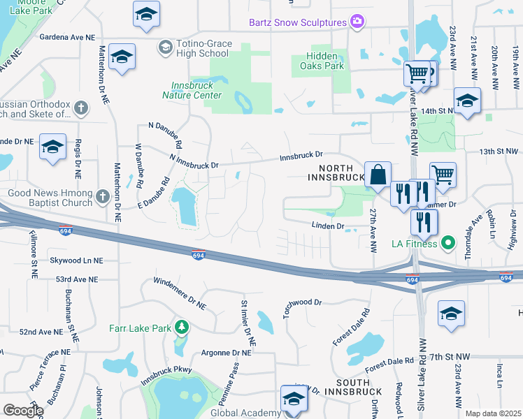 map of restaurants, bars, coffee shops, grocery stores, and more near 5512 East Bavarian Pass in Fridley