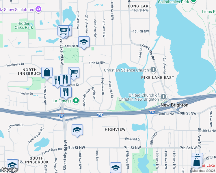 map of restaurants, bars, coffee shops, grocery stores, and more near 1170 Pike Lake Drive in New Brighton