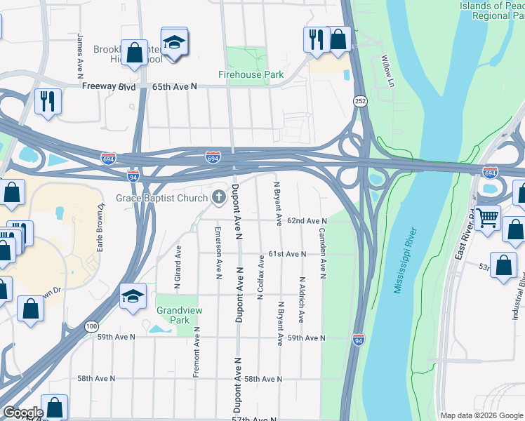 map of restaurants, bars, coffee shops, grocery stores, and more near 6206 North Colfax Avenue in Minneapolis