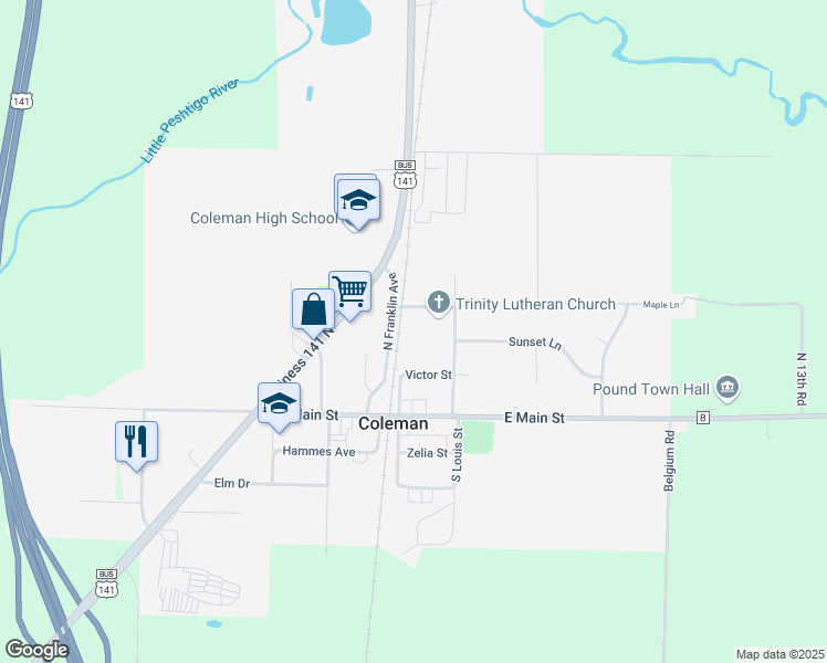 map of restaurants, bars, coffee shops, grocery stores, and more near 115 Maple Lane in Coleman
