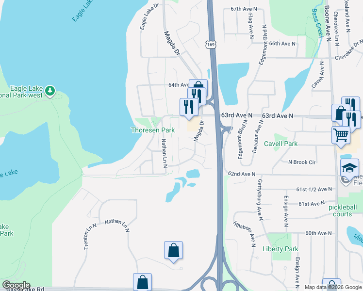 map of restaurants, bars, coffee shops, grocery stores, and more near 6253 Magda Drive in Maple Grove