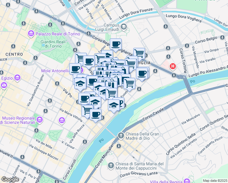 map of restaurants, bars, coffee shops, grocery stores, and more near 11 Via Vanchiglia in Torino