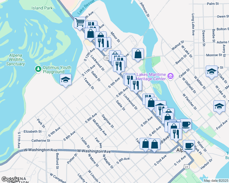 map of restaurants, bars, coffee shops, grocery stores, and more near 724 Lockwood Street in Alpena