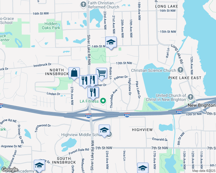 map of restaurants, bars, coffee shops, grocery stores, and more near 2350 Palmer Drive in New Brighton